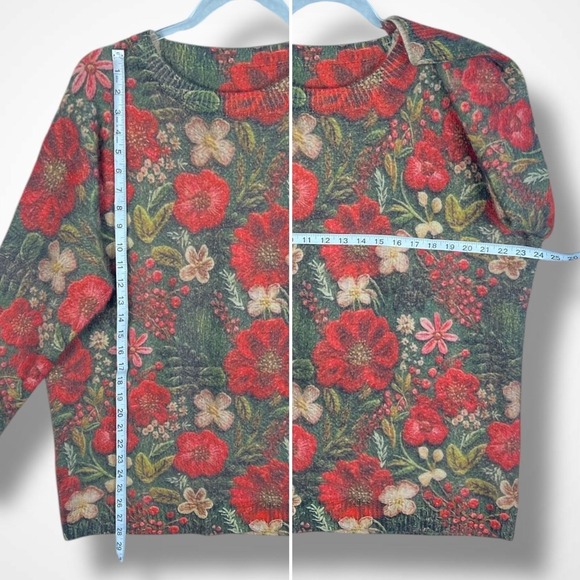 Floral Sweater Womens XL Green Red Allover Print Pullover Crewneck Long Sleeve - Picture 7 of 8
